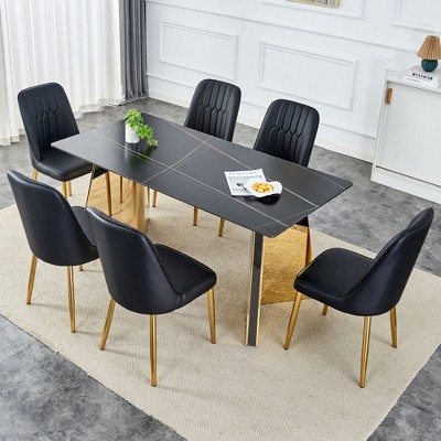 NicBex 5 PCS/7 PCS Marble-Patterned Slabs Dining Table Set with Gold Stainless Steel Butterfly Legs,4/6 PU Chairs for Kitchen/Apartment