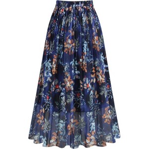 Women's Chiffon Pleated Midi Skirt - A-Line Skirt with Elastic Waist for Elegant Style Blue Floral - 1 of 4