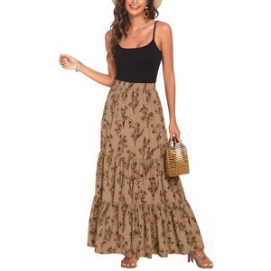 Women's Khaki Botanical Print High Waist Maxi Skirt with Tiered Ruffle Hem - 1 of 4