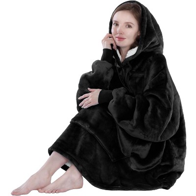 Black Oversized Sherpa Fleece Hooded Wearable Blanket
