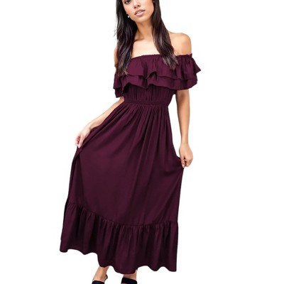Anna-Kaci Women's Off Shoulder Double Ruffle Elastic Waist Maxi Flared Dress for Daily Wear - Medium, Red