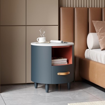 INFURNIC Nightstands Modern Round Nightstand with Storage Drawer Open Shelf Elegant Curved Design for Bedroom, Blue, 19.25"*19.25"*20.5"