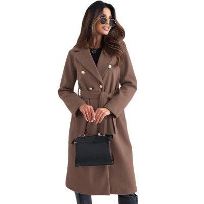 Women Elegant Notched Collar Double Breasted Overcoat with Tie Belt Trench Coat Fall Winter