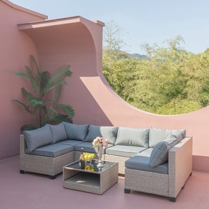 Gulches Grey 7-Piece Patio Furniture Set All-Weather Boho Outdoor Conversation Set Sectional Sofa with Water Resistant Thick Cushions - 1 of 4
