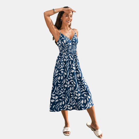 Женские платья Cupshe Women's Spaghetti Strap Maxi Dress with Leaf Print-M-Blue