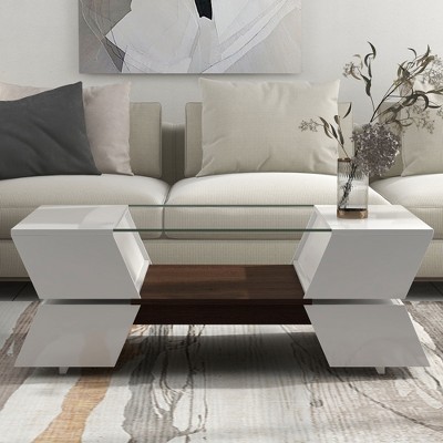 MAYEERTY Glass-Top Coffee Table with Shelves and Cabinets, Cocktail Table with Storage, 2-Tier Center Table for Living Room, White