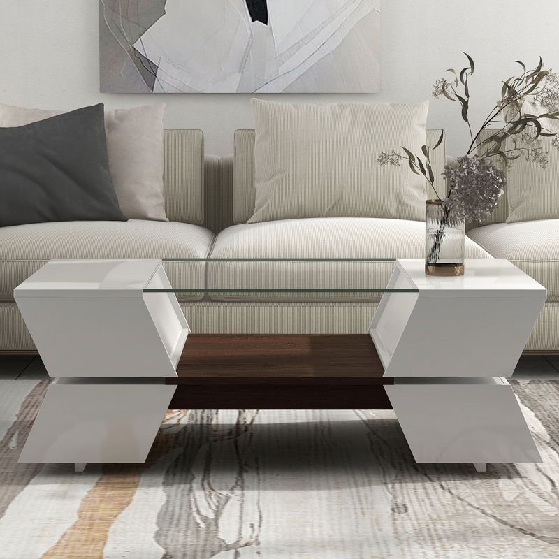 2-Tier Coffee Table with Glass-Top, Geometric Style Cocktail Table with Open Shelves and Cabinets-ModernLuxe, 2 of 15