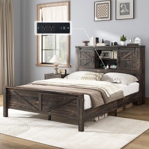 AMERLIFE Farmhouse Bed Frame, Storage Headboard, Charging Ports, No Box Spring - 1 of 4