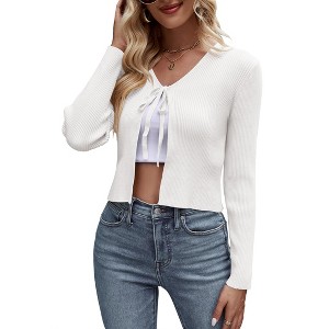 Womens Tie Front Sweater Cardigan Long Sleeve Rib Knit Shrug for Dress Sweaters Crop Tops Womens Soft Cardigan - 1 of 4