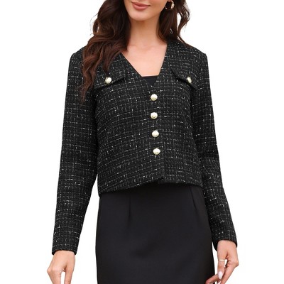 INSPIRE CHIC Women's Tweed Long Sleeve Button Down Collarless Elegant Cropped Jacket