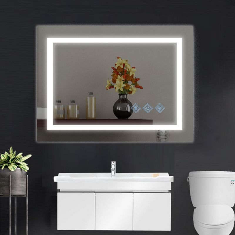 LED Bathroom Mirror,3000k-6000K Gradient Front and Backlit,3 Colors Dimmable,IP54 Enhanced Anti-Fog,Hanging Plates Wall Mount Lighted Mirror, 1 of 8