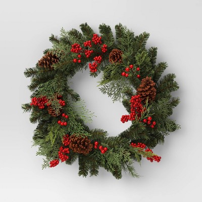28" Mixed Greenery and Cedar with Pinecones and Red Berries Artificial Christmas Wreath Green - Wondershop™: Unlit, Indoor/Outdoor Use