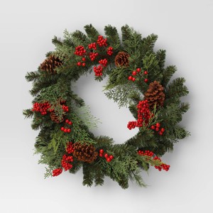 28" Mixed Greenery and Cedar with Pinecones and Red Berries Artificial Christmas Wreath Green - Wondershop™: Unlit, Indoor/Outdoor Use - 1 of 3