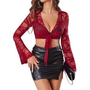 Avidlove Womens Crop Cardigan Lace Shrug Bell Sleeve Tie Front Top