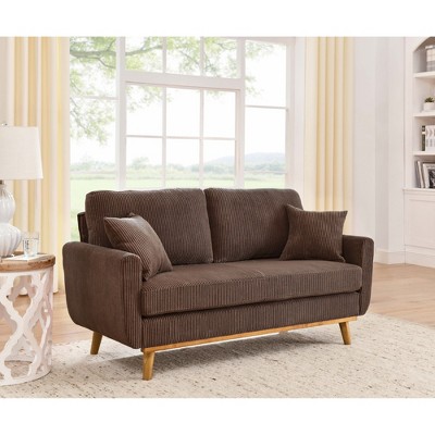 2-Seater Corduroy Mid-Century Sofa with Flared Arms, Solid Wood Frame and 2 Throw Pillows for Apartment or Small Living Room