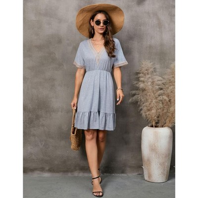 Женские платья KOJOOIN Dress V Neck Summer Casual Dress Lace Trim Sundress Ruffle Hem Casual Midi Beach Cover Up Dress,Gray - M — фото 3