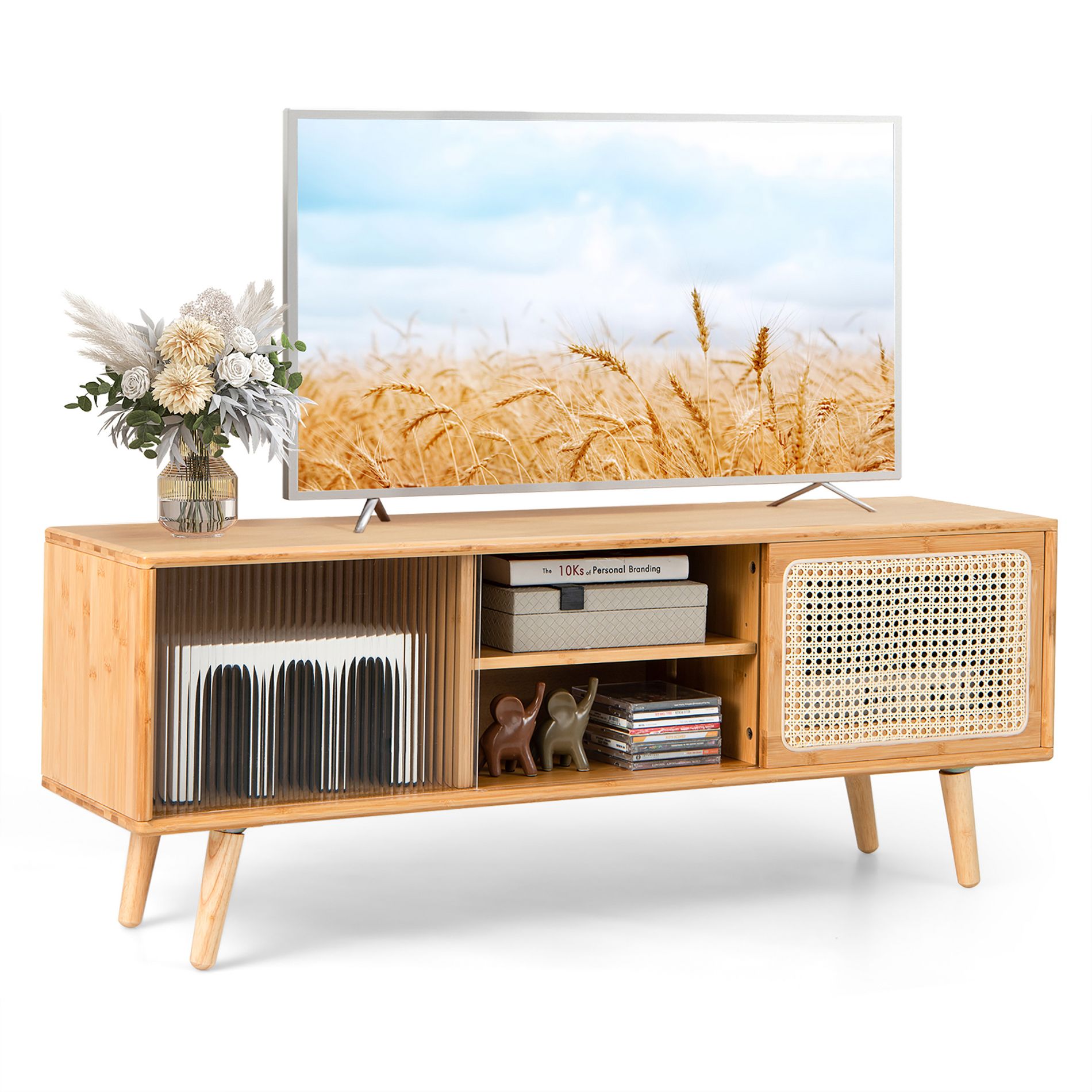 Costway Modern TV Stand Entertainment Center Media Console with Rattan Glass Sliding Doors Natural/Brown