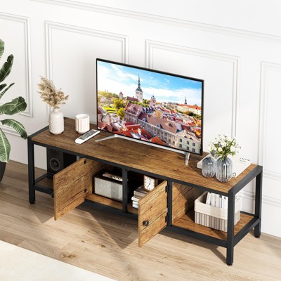 Sturdy Wooden Entertainment Center with 2 Closed & 2 Open Shelves, Adjustable Legs