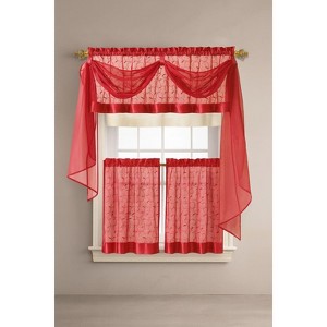 Kate Aurora Complete 4 Piece Linen Leaf Embroidered Complete Kitchen Curtain Set - 1 of 3