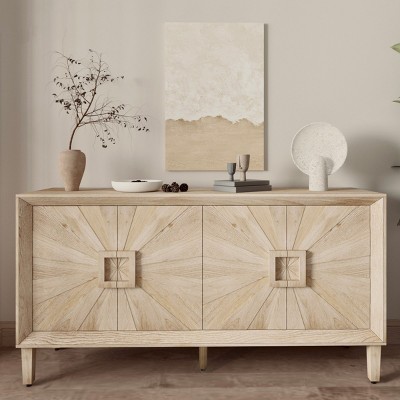 60'' Rustic American Farmhouse Storage Cabinet,Antique Wood TV Stand with Adjustable Shelves,Credenza with Symmetrical Sunburst Doors-Coolbibila