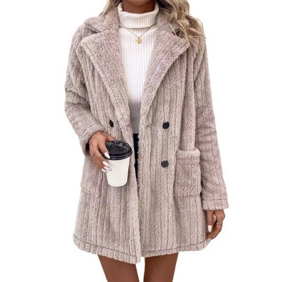 Coolmee Women's Double Breasted Lapel Neck Flannelette Coat, Long Cardigan Faux Fur Warm Outwear Jackets