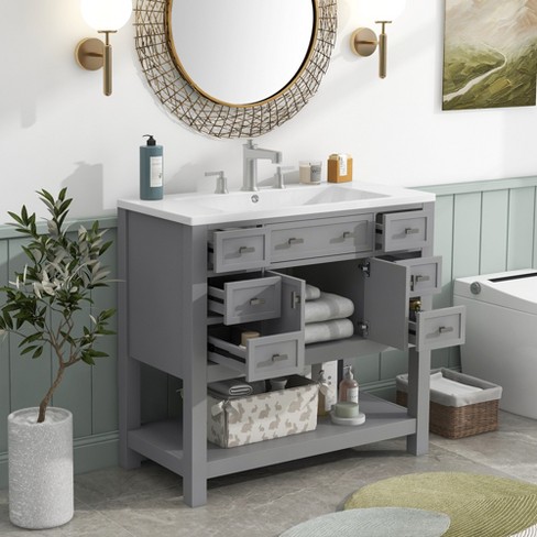 36 Contemporary Bathroom Vanity With Top Sink, 2 Soft Close Doors, And 6  Drawers, Gray - Modernluxe : Target