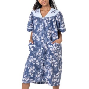 YafeMarte Women's Short Sleeve Woven Snap-Front Closure Housecoat Duster Lounge Nightgown Robe - 1 of 4