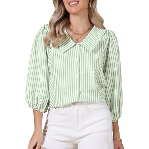 INSPIRE CHIC Women's Button Down Striped Dressy Casual Turndown Collar 3/4 Puff Sleeve Babydoll - 1 of 4