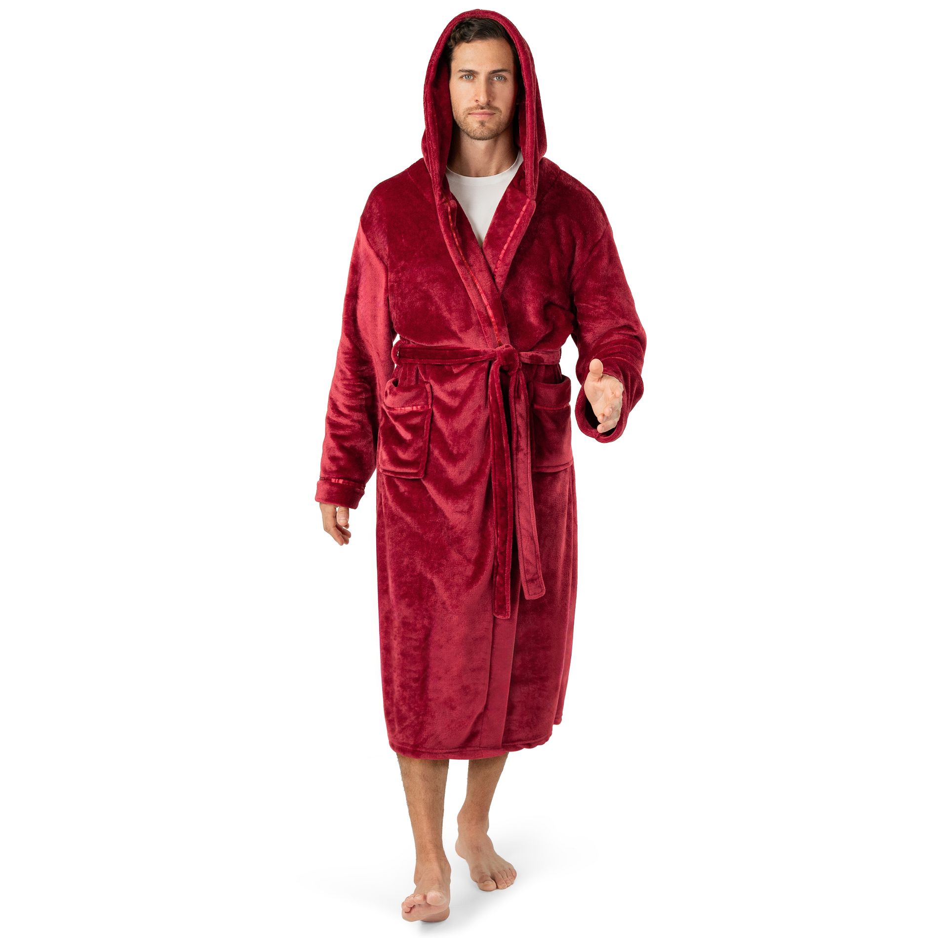 PAVILIA Mens Robe, Hooded Soft Bathrobe for Men, Fleece Plush Warm Shawl Collar Hood Pockets for Bath Shower Spa (Dark Red With Hood, One Size)