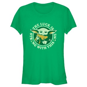 Juniors Womens Star Wars: The Mandalorian St. Patrick's Day Grogu Luck is Strong with this One Distressed T-Shirt - 1 of 4