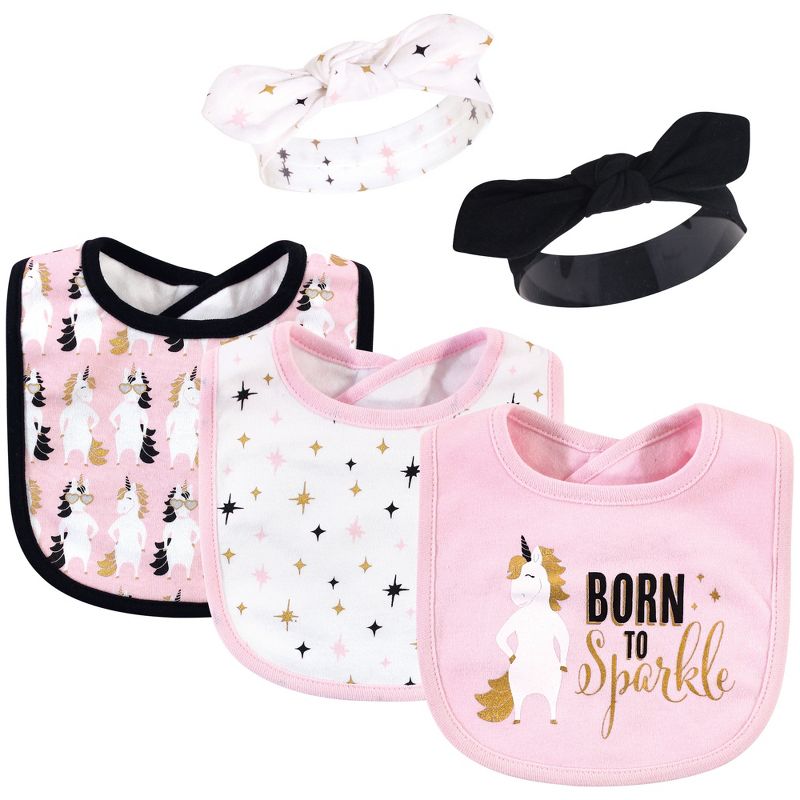 Hudson Baby Infant Girl Cotton Bib and Headband Set 5pk, Sparkle Unicorn, One Size, 1 of 8