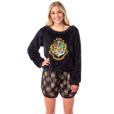 Harry Potter Womens' Hogwarts Crest Sweater and Shorts Sleep Pajama Set Black