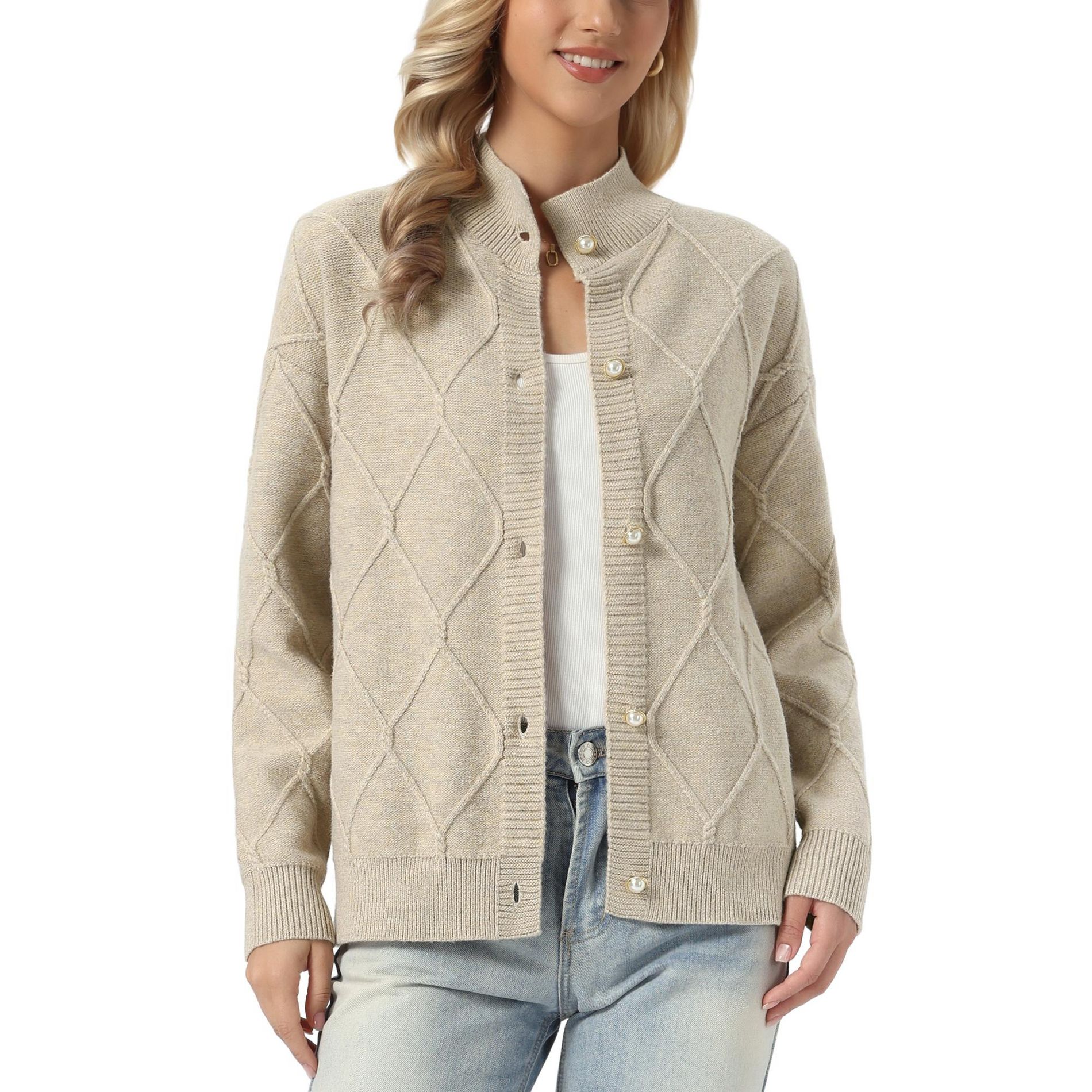 INSPIRE CHIC Women's Crew Neck Long Sleeve Button Down Casual Cozy Fall Outerwear Cardigan Sweater