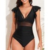 Women's Ruffle Sleeve Swimsuit Summer V Neck Patchwork 1 Piece Swimwear - 2 of 4