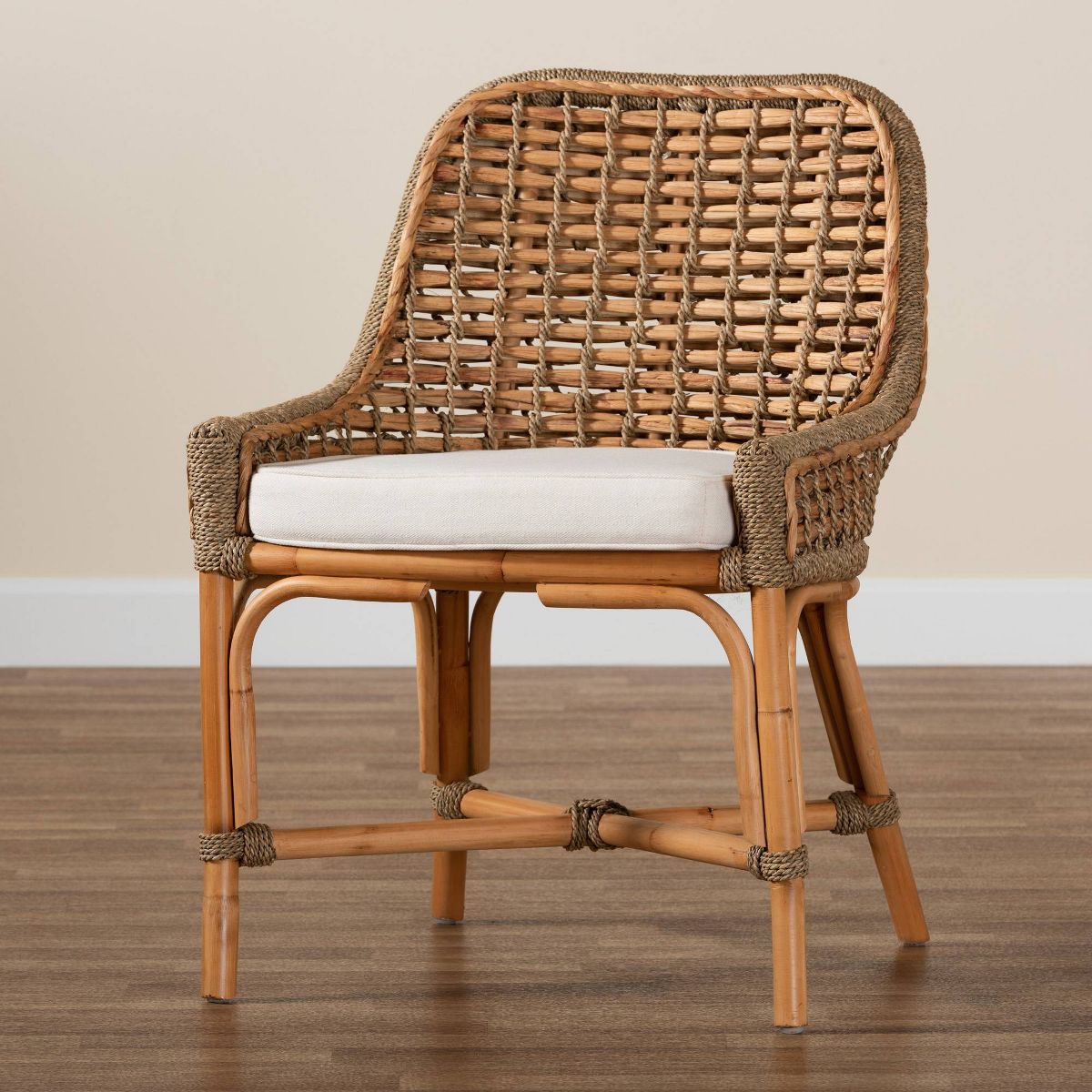 Kyle Woven Rattan Dining Side Chair with Cushion White/Natural - bali & pari - thumbnail 9