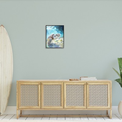 Sea Turtle Blue Watercolor Canvas Print with Black Frame, 16x20