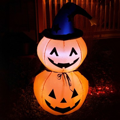 Sunnydaze 4 Foot Self Inflatable Blow Up Jack-O' Lantern Duo with Witch Hat Outdoor Holiday Halloween Lawn Decoration with LED Lights