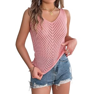 Women's V Neck Sleeveless Tank Tops Sweater Vest Crochet Hollow Out Summer Causal Knitted Top - 1 of 4