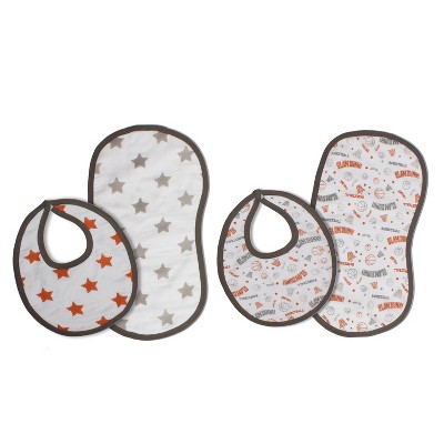 Bacati - Basketball Orange/Gray Muslin 4 pc set of Bibs & Burp Cloths Set