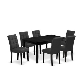East West Furniture, 7 Piece Dining Table Set Includes A Kitchen Table and 6 Dark Gray Faux Leather Wooden Chairs with Stylish Back- Black Finish - 1 of 4
