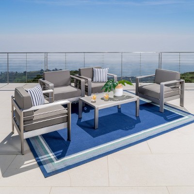 Cape Coral 5pc Aluminum Seating Set with 4 Arm Chairs & Coffee Table - Khaki - Christopher Knight Home: Outdoor Chat Set