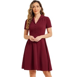 INSPIRE CHIC Women's Vintage Flat Collar V Neck Short Sleeve Belted 1950s Flare Dress - 1 of 4