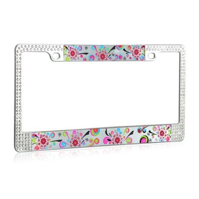 MYBAT Elegant floral Design Metal License Plate Frames with Double Row Shining White Crystals