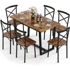 Zevemomo 7-Piece Dining Table with Chairs Set, Rectangular Metal Frame Table with 6 Chairs, for Kitchen, Dining Room and Living Room, Brown - 1 of 4