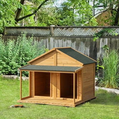 Medium Natural Wood Duplex Dog House with Porch