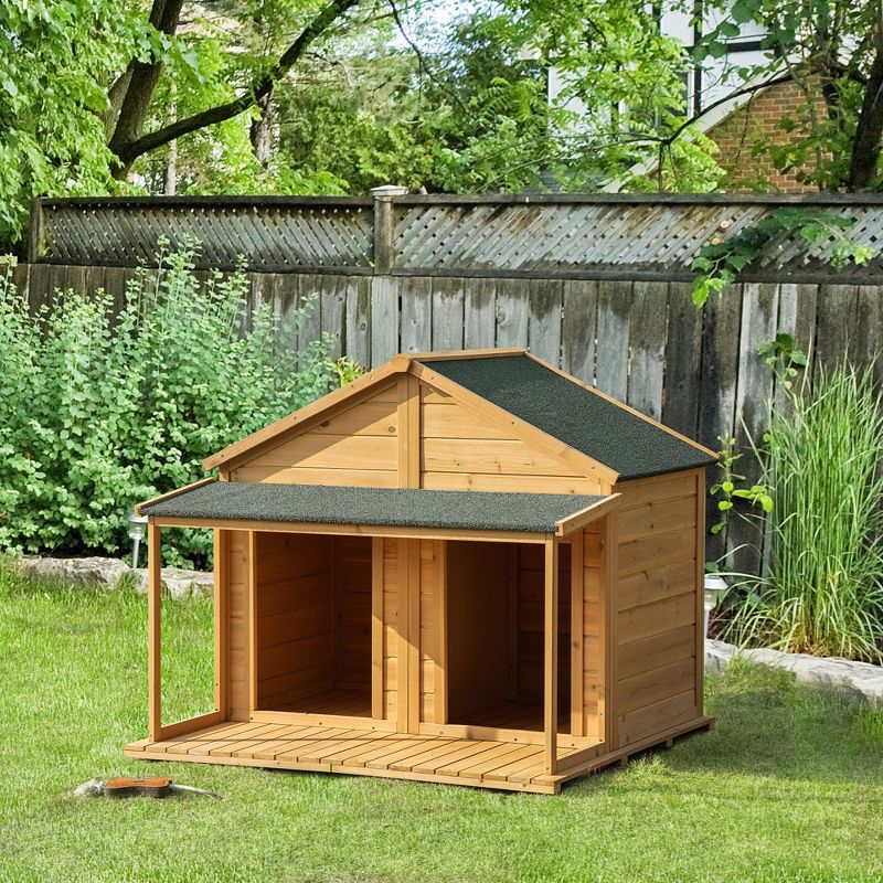 PawHut Wooden Dog House Outdoor Duplex for 2 Medium or Small Dogs, Outdoor Double Dog House with Porch, 50" x 43" x 43", 3 of 8