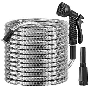 iMountek "Heavy Duty Stainless Steel Garden Hose, Flexible, Kink-Free, 2 Nozzles, 12 Patterns" Silver 100FT Length - 1 of 4