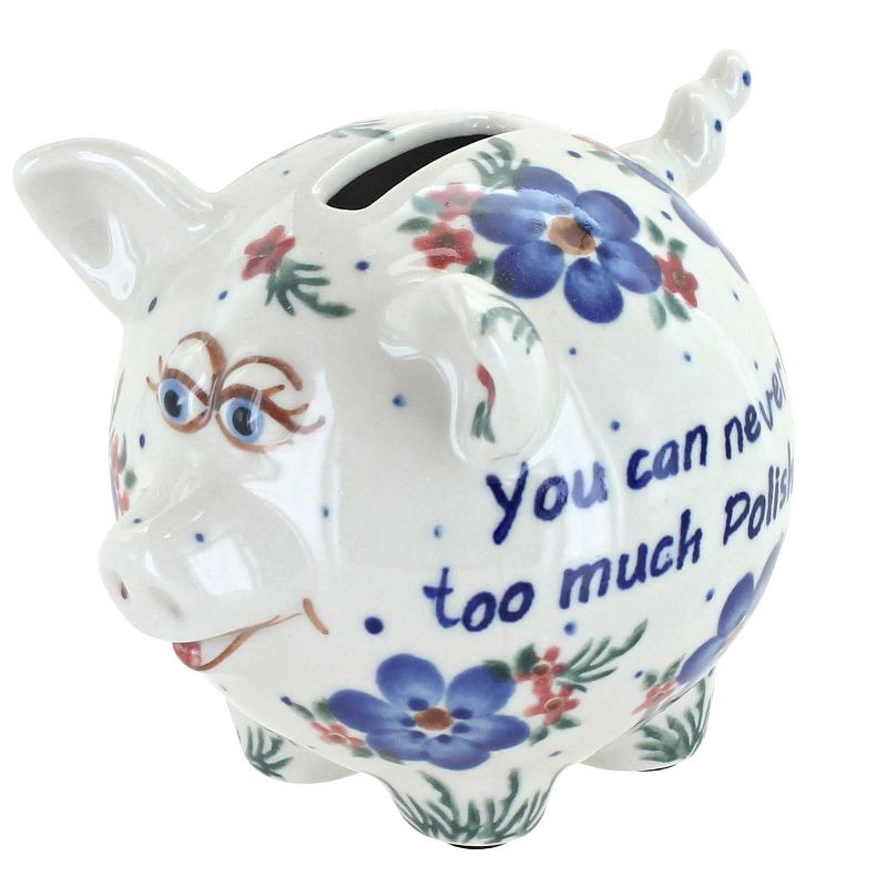 Blue Rose Polish Pottery Never Too Much Polish Pottery Piggy Bank, 1 of 3