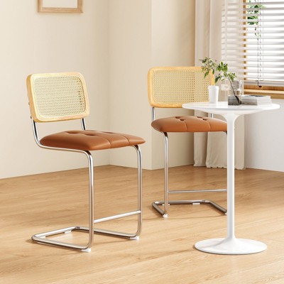 PexFix 2Pcs Counter Height Bar Stools Upholstered PU Leather Barstools with Rattan Back 24 inch Stools Armless Bar Chairs for Kitchen Island Brown
