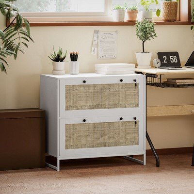White and Rattan 2-Drawer Lockable Vertical File Cabinet